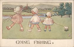 Children Going Fishing with Duck Cart Illustration Postcard