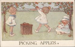 Children Picking Apples in Orchard with Basket and Doll Postcard