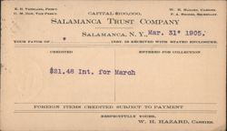 Salamanca Trust Company Interest Credit, March 1905 Postcard