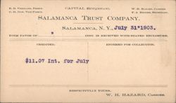 Salamanca Trust Company Statement, Salamanca, NY, 1903 Postcard