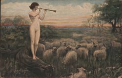 Schäferin: Nude Woman Playing Flute with Sheep Postcard