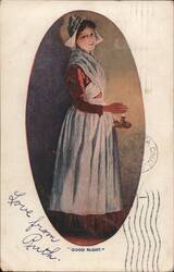 Woman in Traditional Dress Holding Candle, Good Night Greeting Postcard