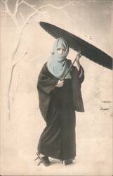 Japanese Woman in Kimono & Veil with Umbrella, Snowy Scene Postcard