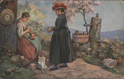 Black Forest Life, Two Women in Traditional Attire by Water Pump Postcard