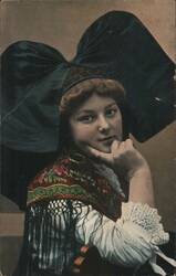 Alsatian Woman in Traditional Costume with Large Bow Headdress Postcard