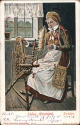 Swedish Woman in Traditional Costume Spinning Yarn, Skåne Postcard