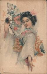 Japanese Woman in Kimono with Floral Fan and Pink Hair Flower Postcard