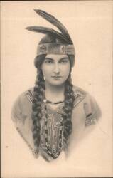 Young Woman in Native American Attire with Feathers and Braids Postcard