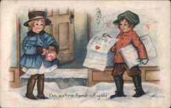 Children in Snow with Valentine's Day Newspaper Postcard