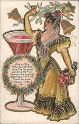 New Year's Toast to Spanish American Senorita with Bells & Mistletoe Postcard