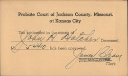 Probate Court Document for John A. Hatcher Estate, Kansas City, MO Postcard