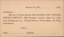 Kansas City Awning Repair Company Advertising Card, 1921 Postcard