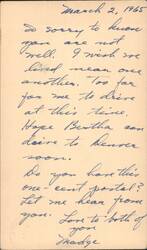 Handwritten Message from Madge Y. Olson to Maud Reed, 1965 Postcard