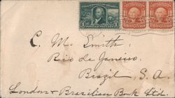 US Envelope to Rio de Janeiro, Brazil with Washington Stamps, 1905 Cover