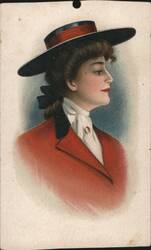 Stylish Woman in Red Jacket and Hat for Evans-Snider-Buel Co. Ad Ephemera