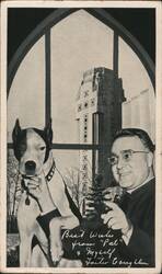 Father Coughlin with his dog Pal at Shrine of the Little Flower, Royal Oak MI Postcard