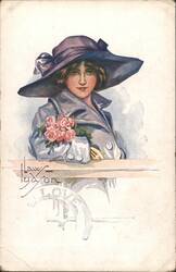 Woman in Purple Hat with Pink Roses, "I Love You" Postcard