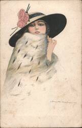 Woman in Large Hat with Roses and Fur Stole by Nanni Postcard