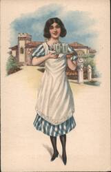 Waitress with Tray of Glasses at Bagni Montecatini, Italy Postcard