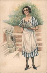 Montecatini Baths Waitress with Tray of Drinks Postcard