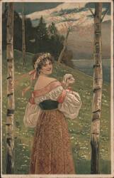 Woman in Folk Dress with Lamb & Birch Trees in Spring Landscape Postcard