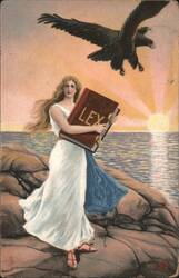 Allegory of Law with Woman Holding 'LEX' Book and Eagle at Sunrise Postcard