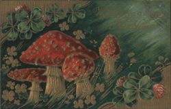 Red Mushrooms & Four-Leaf Clovers, Happy New Year Greeting Postcard