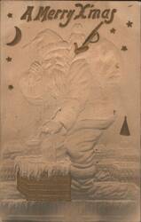 A Merry Xmas Embossed Santa Claus Delivering Gifts in Snowy Town Postcard