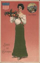 California Woman with Oranges and State Emblems Postcard