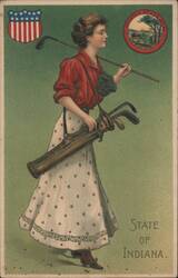 Woman Golfer Carrying Clubs with Indiana State Seal Postcard