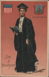 Massachusetts State Girl in Graduation Cap and Gown with Book Postcard