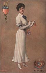 Elegant Woman in White Dress, Missouri State Card Postcard