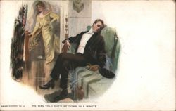 Man Sleeping While Waiting for Woman, "She'd Be Down in a Minute" Postcard