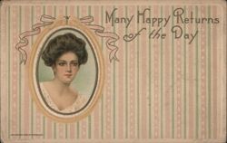 Many Happy Returns of the Day Greeting with Woman in Oval Frame Postcard
