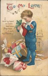 Boy with Red Stocking and Gifts, Valentine's Day Postcard