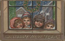 Children Looking Through Snowy Window, A Happy New Year Postcard