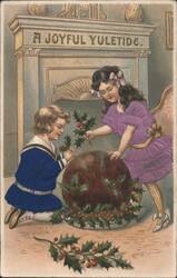 “A Joyful Yuletide” Children Decorating Christmas Pudding with Holly Postcard