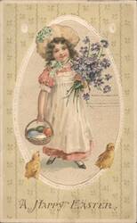 Girl with Easter Eggs, Chicks, and Purple Flowers Postcard