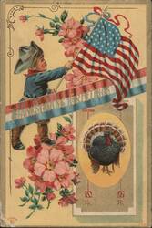 Boy with American Flag & Turkey, Thanksgiving Greetings Postcard
