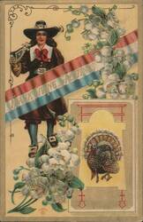 Pilgrim Woman with Turkey & Flowers, Thanksgiving Greetings by Fischer Postcard