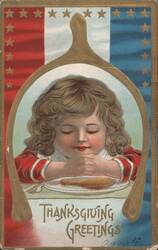 Thanksgiving Greetings Child Praying with Wishbone and Patriotic Flag Postcard