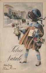 Girl in Blue Hat with Doll and Flowers, Felice Natale Postcard