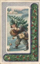 Child Carrying Christmas Tree & Gifts in Snow, A Merry Christmas Postcard