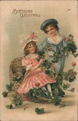 Birthday Greetings with Children, Girl in Basket, Boy in Sailor Suit, Clovers Postcard