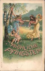 Happy Pentecost Women & Cherub Scattering Flowers Postcard