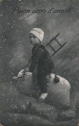 Buon capo d'anno! Child Chimney Sweep with Ladder in Snow Postcard