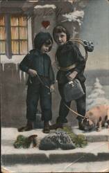 Happy New Year Children with Pig and Chimney Sweep Postcard