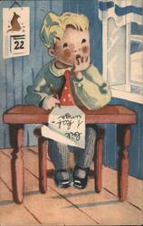 Boy Writing Letter at Desk with Calendar and Cat Drawing Postcard