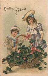 St. Patrick's Day Children with Basket of Clovers, Greetings from Goshen Postcard