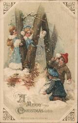 Children Playing in Snow, A Merry Christmas Greeting, John Winsch 1913 Postcard